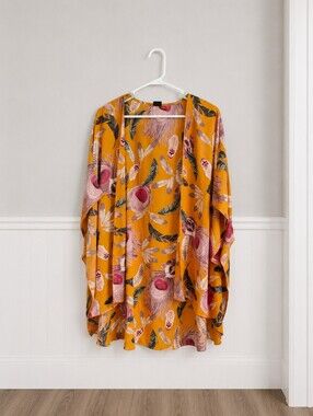 I Joah Premium Mustard Feather Print Kimono